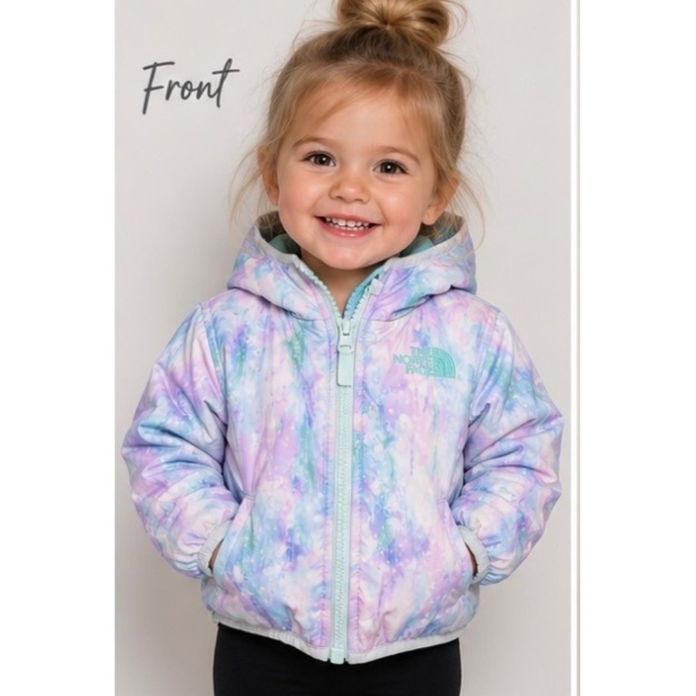 The North Face Toddler 2T Reversible Pastel Watercolor Teal Hooded Jacket